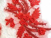 Embroidered 3D Appliques Red Floral Mirror Pair Fabulous Detail w/ Pearls 13" (DH76X)