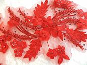 Embroidered 3D Appliques Red Floral Mirror Pair Fabulous Detail w/ Pearls 13" (DH76X)