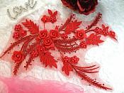 Embroidered 3D Appliques Red Floral Mirror Pair Fabulous Detail w/ Pearls 13" (DH76X)
