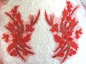 Embroidered 3D Appliques Red Floral Mirror Pair Fabulous Detail w/ Pearls 13" (DH76X)
