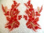 Embroidered 3D Appliques Red Gold Metallic Floral Mirror Pair Fabulous Detail w/ Pearls 13" (DH76X)