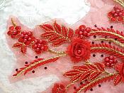 Embroidered 3D Appliques Red Gold Metallic Floral Mirror Pair Fabulous Detail w/ Pearls 13" (DH76X)