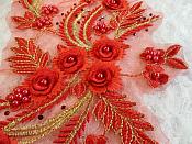 Embroidered 3D Appliques Red Gold Metallic Floral Mirror Pair Fabulous Detail w/ Pearls 13" (DH76X)