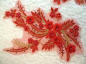 Embroidered 3D Appliques Red Gold Metallic Floral Mirror Pair Fabulous Detail w/ Pearls 13" (DH76X)
