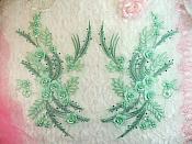 Embroidered 3D Appliques Sea foam Green Floral Mirror Pair Fabulous Detail w/ Pearls 13" (DH76X)