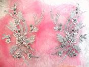 ONE SIDE ONLY RIGHT SIDE Embroidered 3D Appliques Silver Metallic Floral Mirror Pair Fabulous Detail w/ Pearls 13" (OSDH76X)