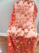 Embroidered 3D Applique Fabric Red Gold Sequin Rhinestone Floral Design (DH78)