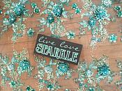 Embroidered 3D Applique Fabric Teal Sequin Rhinestone Floral Design (DH78)