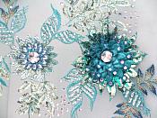 Embroidered 3D Applique Fabric Teal Sequin Rhinestone Floral Design (DH78)