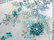 Embroidered 3D Applique Fabric Teal Sequin Rhinestone Floral Design (DH78)