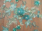 Embroidered 3D Applique Fabric Teal Sequin Rhinestone Floral Design (DH78)