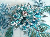 Embroidered 3D Applique Fabric Turquoise Sequin Rhinestone Floral Design (DH78)