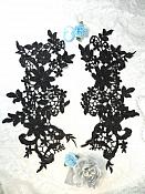 Appliques Embroidered Lace Black Floral Venice Mirror Pair Motifs 12.5" (DH79X)