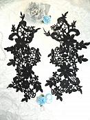 Appliques Embroidered Lace Black Floral Venice Mirror Pair Motifs 12.5" (DH79X)