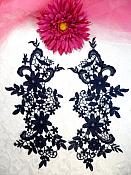 Appliques Embroidered Lace Navy Blue Floral Venice Mirror Pair Motifs 12.5" (DH79X)