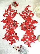 Appliques Embroidered Lace Red Floral Venice Mirror Pair Motifs 12.5" (DH79X)