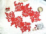 Appliques Embroidered Lace Red Floral Venice Mirror Pair Motifs 12.5" (DH79X)