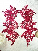Appliques Embroidered Lace Wine Brick Red Burgundy Floral Venice Mirror Pair Motifs 12.5" (DH79X)