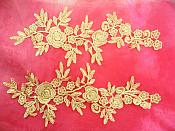 Romantic Roses Embroidered Lace Appliques Gold Floral Venice Lace Mirror Pair 13" (DH84X)
