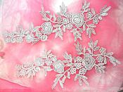Romantic Roses Embroidered Lace Appliques Silver Floral Venice Lace Mirror Pair 13" (DH84X)