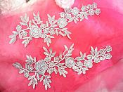 Romantic Roses Embroidered Lace Appliques Silver Floral Venice Lace Mirror Pair 13" (DH84X)