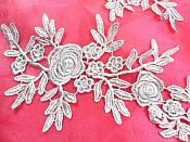 Romantic Roses Embroidered Lace Appliques Silver Floral Venice Lace Mirror Pair 13" (DH84X)