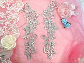 Embroidered Lace Appliques Silver Floral Venice Lace Mirror Pair 9.5" (DH86X)