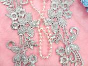 Embroidered Lace Appliques Silver Floral Venice Lace Mirror Pair 9.5" (DH86X)