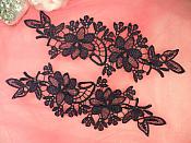 Appliques Embroidered Lace Navy Blue Floral Flower Mirror Pair Motifs 10" (DH87X)