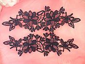Appliques Embroidered Lace Navy Blue Floral Flower Mirror Pair Motifs 10" (DH87X)