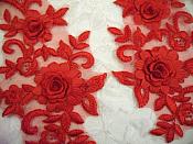 3D Lace Appliques Red Floral Embroidered Mirror Pair 8" (DH91X)