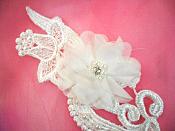 3D Venice Lace Applique White Floral Venise Lace with Crystal Rhinestones and Pearls 10" (DH97X)