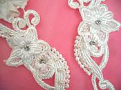 3D Venice Lace Applique White Floral Venise Lace with Crystal Rhinestones and Pearls 10" (DH97X)