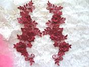 3D Lace Appliques Wine Brick Red Floral Embroidered Mirror Pair 10.5" (DH65X)