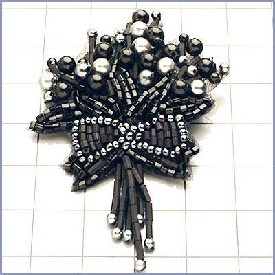 FSSD1065 Gunmetal Black Beaded Applique Flower Bow Pin
