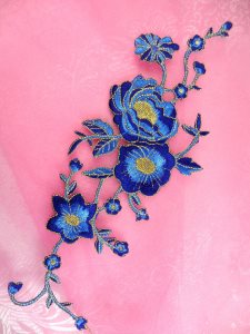 GB158 Embroidered Applique Blue Gold Rose Iron On Patch 10"
