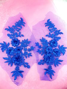 GB408 Embroidered Appliques Blue Mirror Pair Floral 3D Patch 8"