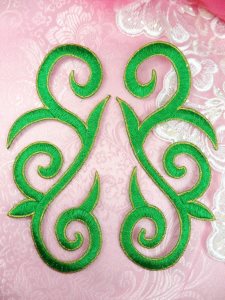 GB164 Embroidered Appliques Green Gold Scroll Mirror Pair Iron On Patch 7"