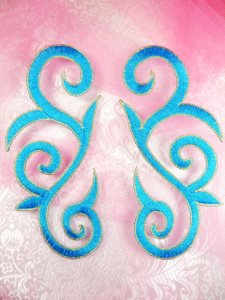 GB164 Embroidered Appliques Turquoise Gold Scroll Mirror Pair Iron On Patch 7"