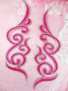 GB89 Embroidered Appliques Fuchsia Silver Edge Mirror Pair Iron On Patch 6.75"