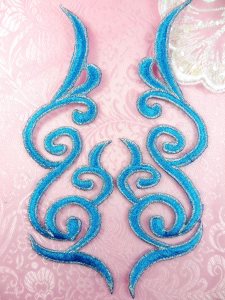 GB89 Embroidered Appliques Turquoise Silver Edge Mirror Pair Iron On Patch 6.75"