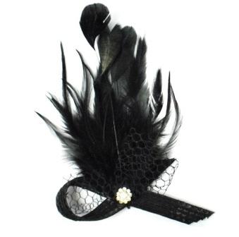 FE4165   Black Rhinestone Victorian Feather Brooch / Applique