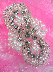 FS04RS Silver Beaded White Pearl Crystal Rhinestone Applique 2.75"