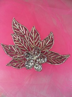 FS1020 Silver Black Backing Floral Sequin Beaded Applique 4"