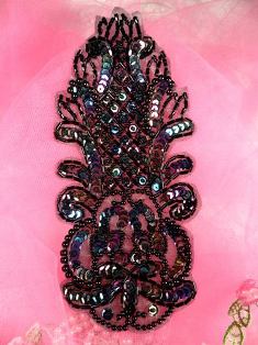 FS103 Black AB Sequin Beaded Applique 6.75"