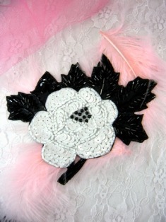 FS128 Black & White Floral Beaded Sequin Applique 5.5"