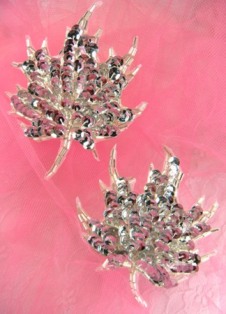 FS1337 Silver Leaf Mirror Pair Beaded Sequin Appliques 3.75"