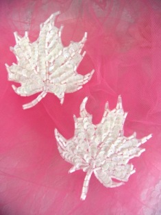 FS1337 White AB Leaf Mirror Pair Beaded Sequin Appliques 3.75"