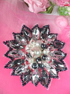 FS171  Gunmetal Pearl Jewel Beaded  Applique 2.5"
