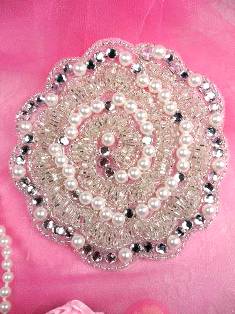 FS178 Silver Pearl Beaded Crystal Rhinestone Applique 4"